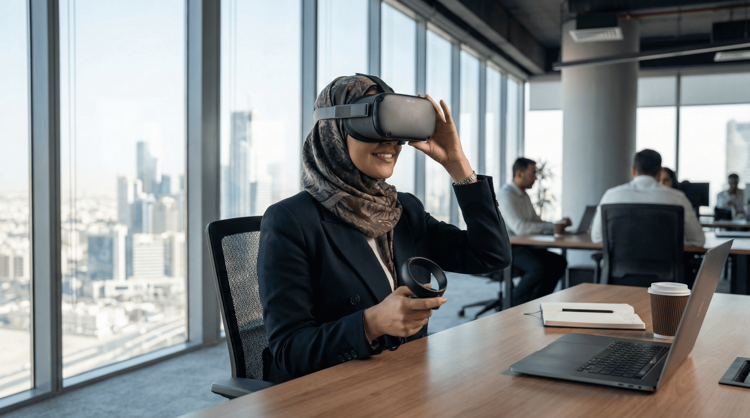 Professional using VR headset for immersive learning experience